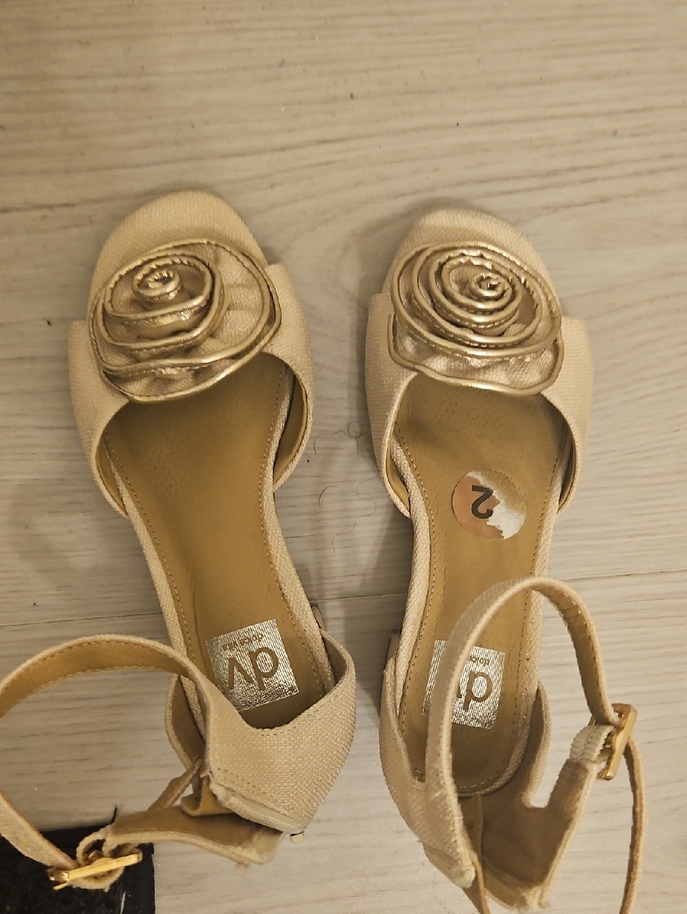 Girls Tan Slingback Heels with Gold Rose Accent